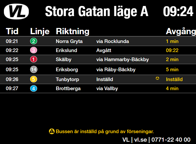 Hållplatsskärm från Stora gatan.