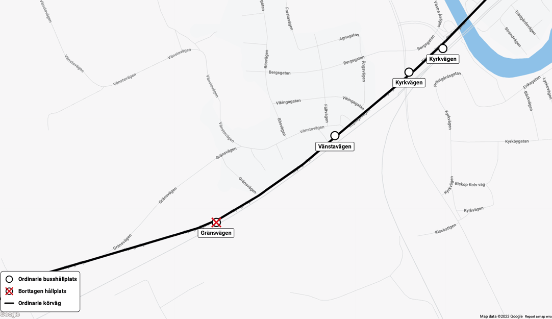 Karta som visar att hållplats Gränsvägen på linje 515 tas bort, samt dess placering.