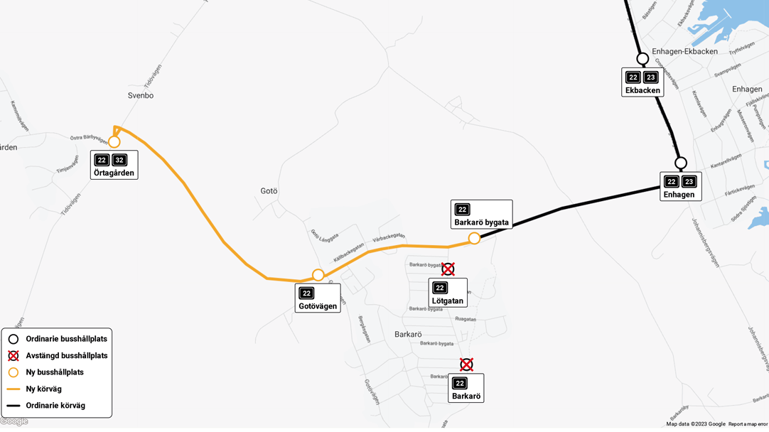 Karta över den nya körvägen mot Örtagården för linje 22