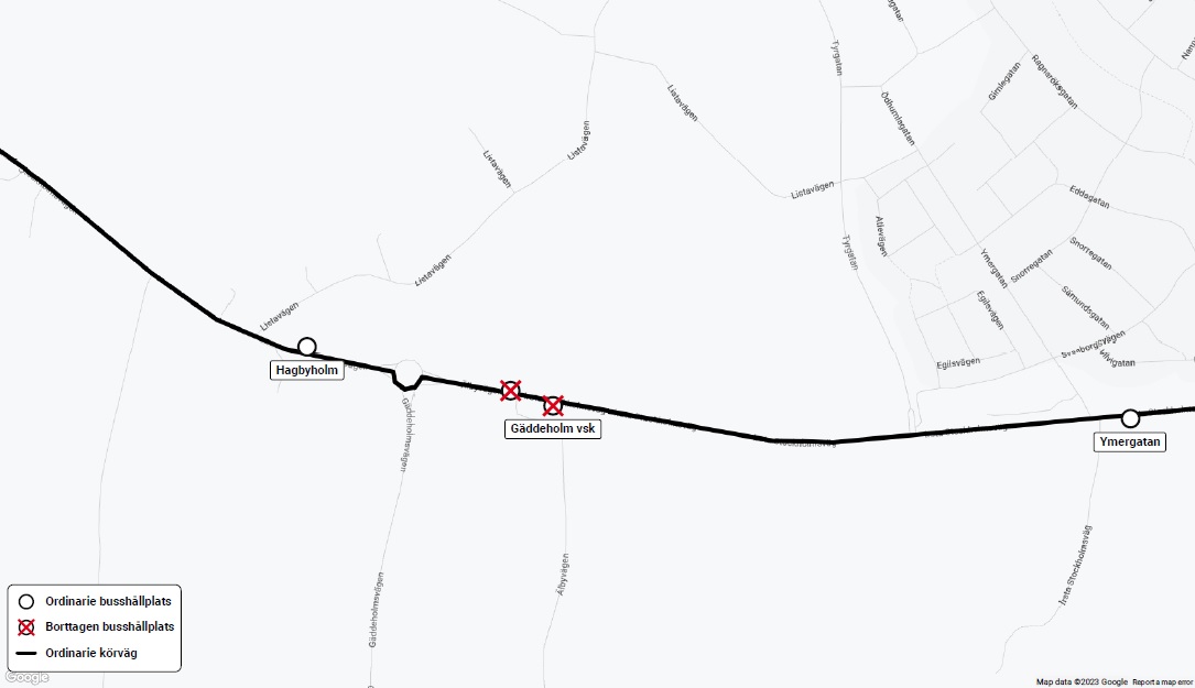 Karta över hållplats Gäddeholm vsk som tas bort den 19 juni 2023.