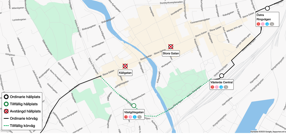 Karta som visar avstängda och tillfälliga hållplatser för linjerna 1, 3, 4 och 21 i samband med Västerås Cityfestival.