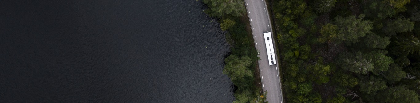En buss syns ovanifrån på en väg i en skog, med en sjö bredvid