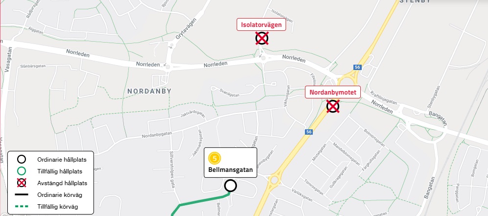 Karta som visar tillfälligt avstängda hållplatser längs linje 5.