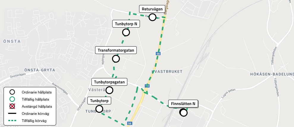 Karta som visar linjesträckning för ersättningsbuss för linje 905.