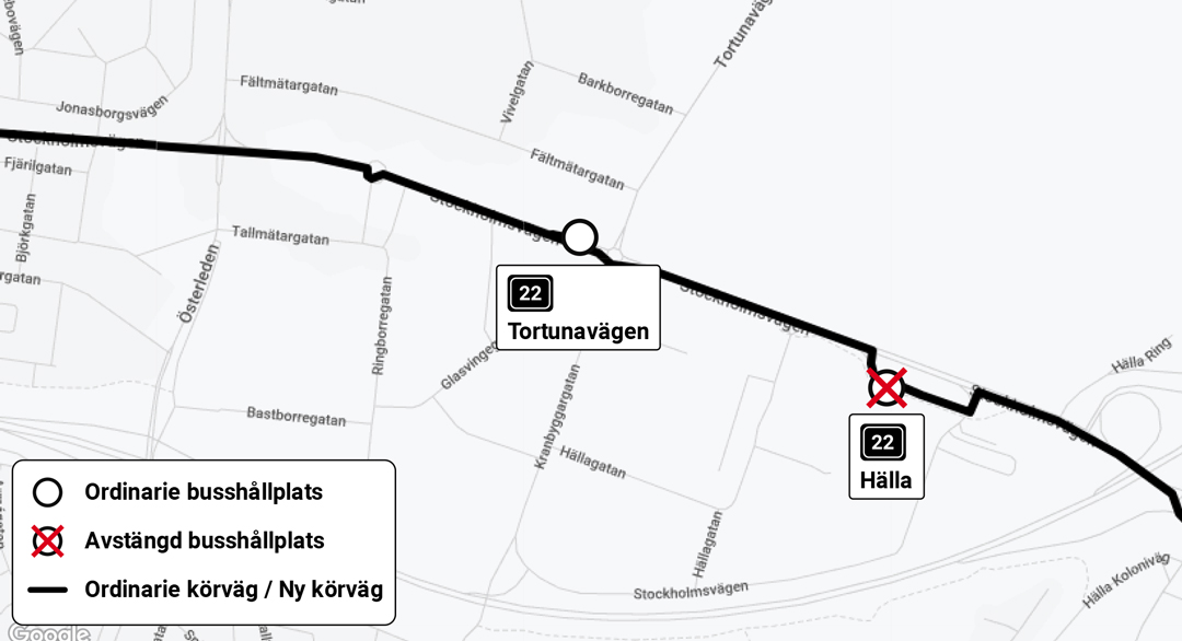 Karta över körväg för linje 22 vid hållplats Hälla under Summer Meet 2022.