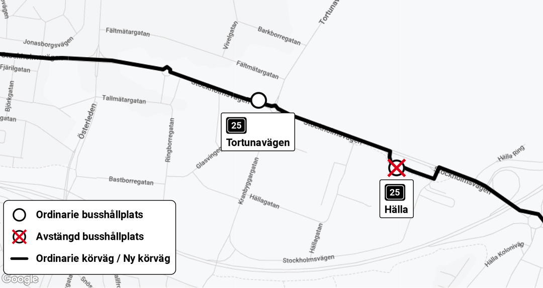 Karta över körväg för linje 25 vid hållplats Hälla under Summer Meet 2022.