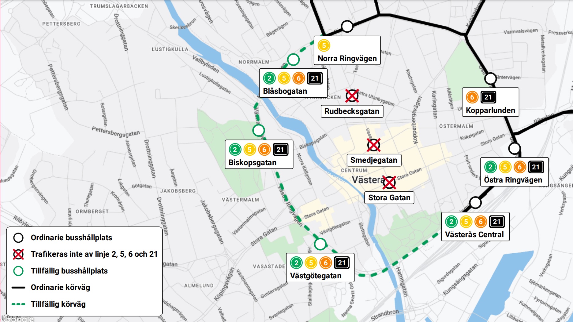 Omledningskarta för linje 2, 5, 6 och 21 i centrala Västerås.