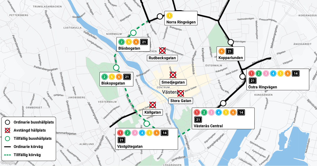 Karta som visar avstängd hållplats i Västerås city.