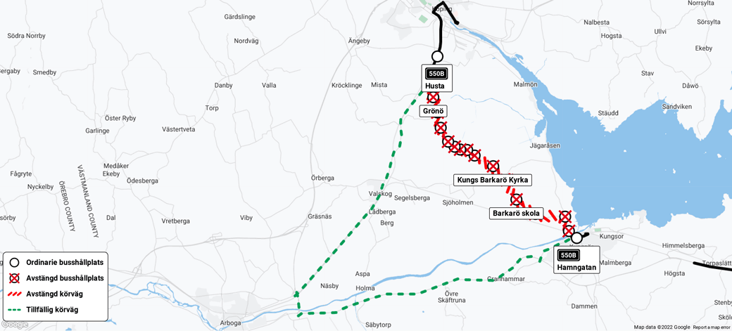 Karta över omledningen av 550B 1-3 oktober 2022.png