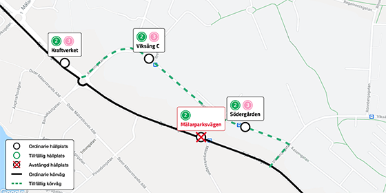 Karta som visar omledningsväg via kaserngatan och berörd hållplats, Mälarparksvägen.