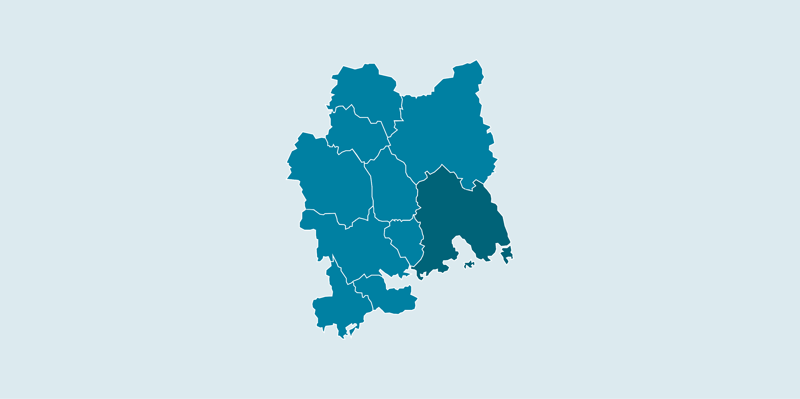Karta över Västmanland där Västerås kommun är markerat i mörkare färg.